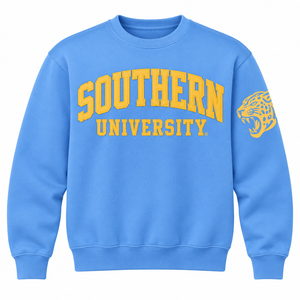 Sudadera Personalizada al por Mayor de la Universidad del Sur, Jaguars, Cuello Redondo, HBCU, Azul Columbia, Dorado, Bordada, de Forro Polar - Product Image 1