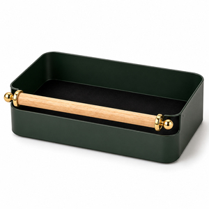 Plateau de rangement élégant avec un corps en métal noir mat élégant, un magnifique cadre en métal doré et une poignée en bois naturel. - Product Image 2