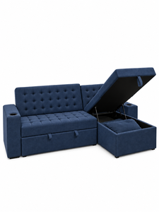 Canapé-lit d'angle moderne en forme de L, rembourré en tissu bleu marine, capitonné, pour salon, villa, appartement - Product Image 1