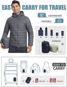 <b>Men's</b> Lightweight Packable Puffer Jacket Waterproof Winter Hood Jacket Custom Packable Quilted Puffer Jacket With Storage <b>Pouch</b> - Product Image 2