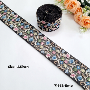 Black Base Multi Coloured Thread Work Embroidered Mesh <b>Laces</b> Vibrant Floral <b>Applique</b> Trims for Garments and Apparels Vintage - Product Image 1