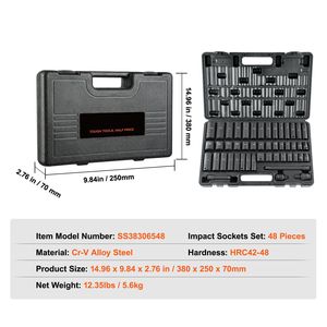 Set di chiavi a bussola a impatto da 48 pezzi con attacco da 3/8 pollici SAE (da 5/16 a 3/4 pollici) e metrico (da 8 a 22 mm), a 6 punte in Cr-V, con prolunga universale - Product Image 3