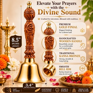 Campana de Mano de Latón para Pooja, Campana de Oración Tradicional Hindú para Templo, Campana de Latón para Templo, Decoración para Santuario en Casa, Sala de Oración - Product Image 3
