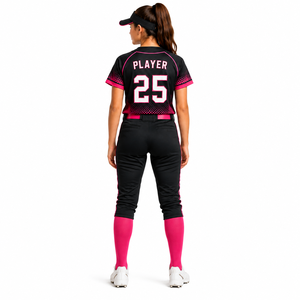 Ensemble uniforme de baseball personnalisé pour femme 2026 – Maillot à col et pantalon en polyester/coton sublimé, noir et rose, coupe courte d'été - Product Image 3