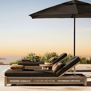 Chaise longue d'extérieur moderne en teck tropical avec base de rangement et détails en corde tressée, inclinable et réglable pour patio et jardin - Product Image 6