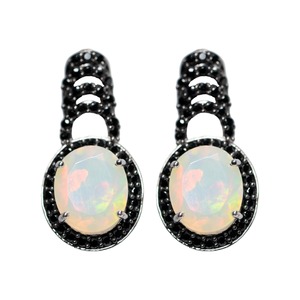 Premium 925 Sterling Silver Rhodium White <b>Opal</b> Statement <b>Earrings</b> with Black CZ Accents and Decorative Drop Design - Product Image 1