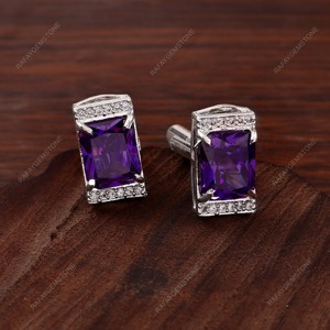 Boutons de manchette rectangulaires en pierres précieuses violettes pour hommes, accessoires de chemise formelle argentés, bijoux pour mariage, marié, cadeau d'affaires - Product Image 3