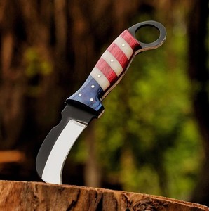 Couteau à lame fixe en acier Damas fait main, pointe Hawk Bill, avec trou pour le pouce, 7,5 pouces, qualité industrielle, manche drapeau USA, pour la chasse et les activités de plein air - Product Image 1