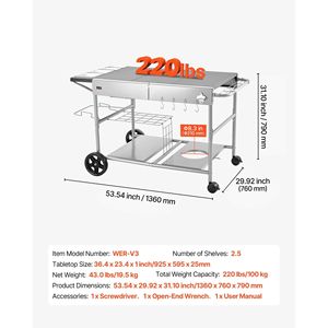 Carrello per Barbecue da Esterno con Piano di Lavoro Mobile 36,4 x 23,4 x 1 Pollici, 4 Contenitori per Spezie, Tavolo per Grigliate all'Aperto - Product Image 3