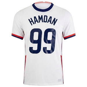Custom <b>Men's</b> Soccer Jersey Hamdan 99 <b>White</b> Navy Red Short Sleeve V-Neck Heat-Transfer Printing Breathable Plus Size 100% - Product Image 1