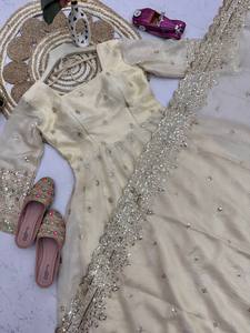 Ensemble Anarkali en coton brodé crème avec dupatta, tenue traditionnelle indienne et pakistanaise pour femmes, longueur au sol, pour mariage - Product Image 6
