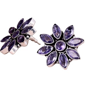 Wholesale ARTS JEWELS Purple Amethyst Bezel Setting Flower Stud Earrings | Handmade Brass Antique Silver Plated Bohemian Women's - Product Image 2