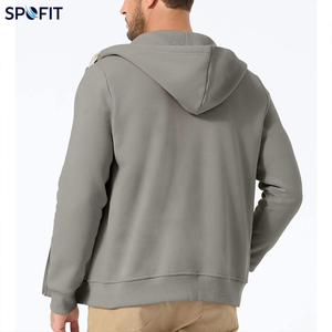 Sweat-shirt à capuche zippé gris en molleton épais pour homme, coupe classique, couleur unie, idéal pour l'automne – Vente en gros personnalisée - Product Image 2