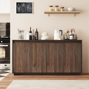 Credenza a 4 Ante in Legno di Noce con Presa di Corrente, Design con Texture Verticale Ondulata, Ante Senza Maniglie - Product Image 1