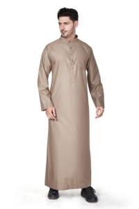 Túnica Masculina Color Beige Taupe, Manga Larga, Cierre de Botones, Cuello Alto, Estilo Tradicional Saudí, Kuwaití, Emiratí, Islámico, Musulmán - Product Image 4