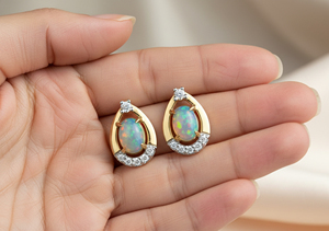 95 Silver 18K Gold Plated <b>Opal</b> Stud <b>Earrings</b> with Round Brilliant Moissanite Bezel Setting Water Drop Shape Party Gift - Product Image 3