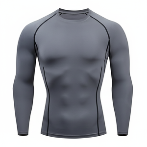 Camiseta Deportiva de Compresión para Hombre, Gris, Manga Larga, Cuello Redondo, Ajustada, Transpirable, de Secado Rápido, que Absorbe la Humedad - Product Image 1