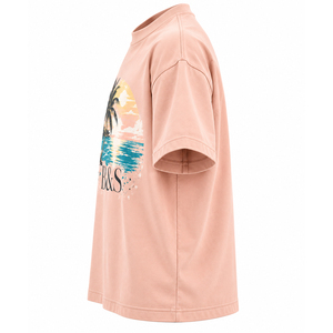 เสื้อยืดคอกลมแขนสั้นสีชมพูสำหรับผู้ชาย ลายพิมพ์วินเทจต้นปาล์มพระอาทิตย์ตกชายหาด เสื้อยืดลำลอง - Product Image 3