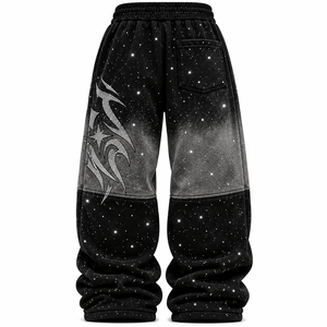 Pantalon de jogging ample en molleton Galaxy Wash, imprimé étoiles noires entièrement orné de strass, coupe large, style streetwear, respirant - Product Image 3