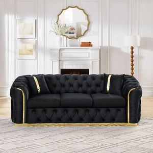 Set Divano Chesterfield di Lusso 90,6 Pollici in Velluto con Bottoni Trapuntati, Divano a 3 Posti con 2 Accessori in Acciaio Inox Dorato Cuscini per Soggiorno - Product Image 2