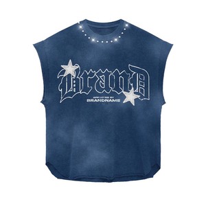 Women sleeveless tshirt GSM premium cotton jersey breathable <b>red</b> vintage wash rhinestone neck print custom Women's Cotton shirts - Product Image 5
