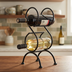 Porte-bouteilles en métal sculpté en forme d'arche, finition noire, support à 2 niveaux pour comptoir, bar, cuisine, rangement et présentation de bouteilles - Product Image 1