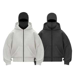 Sweat à capuche balaclava personnalisé pour homme, épais, délavé à l'acide, entièrement zippé, double couche, en molleton bouclette, imprimé gangster, vente en gros - Product Image 3