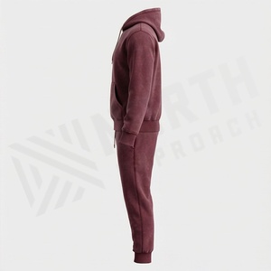 Men's <b>Maroon</b> Hooded Tracksuit Full Sleeve Solid Color Casual Sweatshirt and Joggers Set with Drawstring Pockets Regular Fit - Product Image 3