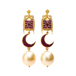 Ganesh Gold Plated Chandelier Earrings with Ruby and Golden Pearl Moon Design - Product Image 2
