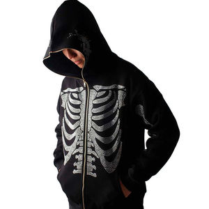 Wholesale Custom Rhinestone Skeleton Zip Up Hoodie Men Y2K Streetwear Full Face Zip Oversized Crystal Sparkle Gothic Sweatshirt - Product Image 3