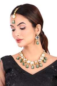 Indian Classic Choker Set Traditional Zircon Gold Plated Crystal Kundan Faux Pearl Engagement Wedding Party Necklace Earrings - Product Image 3
