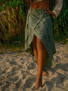 Falda Cruzada Bohemia para Mujer, Largo a Media Pantorrilla, Estampado Geométrico, Bordado a Mano, Algodón, Ropa de Playa de Verano, Transpirable, Cintura Regular - Product Image 3