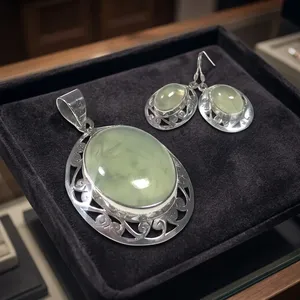 # Prehnite 925 Sterling Silver Handcrafted Wholesale Jaipur Jewelry Set With Pendant Earrings Natural Green Gemstone - Product Image 4