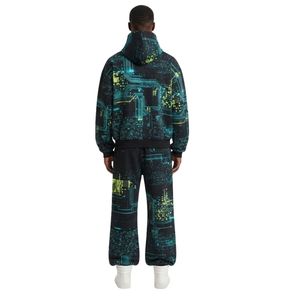 Custom Teal Digital Grid <b>Mens</b> Fleece Tracksuit Printed Hoodie Jogger Set Futuristic Streetwear Graphic Two Piece <b>Jackets</b> - Product Image 2