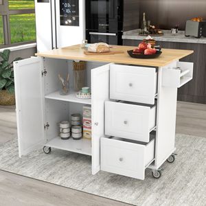 Isola Cucina Mobile con Piano in Legno Massello, Larghezza 52,7 Pollici, Armadietto Contenitore, Ruote Bloccabili, Bar Colazione, Carrello Cucina con Piano Ribaltabile - Product Image 3