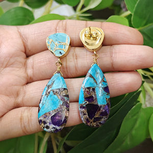 Wholesale mohave purple & blue copper turquoise <b>earrings</b> handmade gold plated <b>post</b> back <b>earring</b> dangle drop copper <b>earrings</b> - Product Image 5