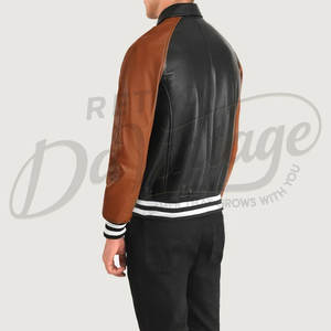 Blouson aviateur en cuir bicolore noir et marron pour homme avec col chemise classique et poignets côtelés rayés - Product Image 2