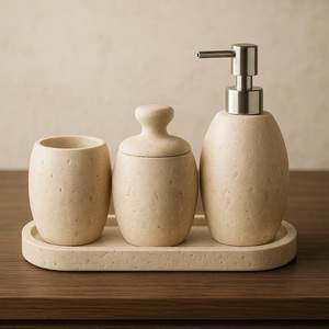 Ensemble de salle de bain en travertin artisanal, décoration rustique minimaliste en pierre, accessoires de salle de bain en pierre naturelle, style spa - Product Image 1