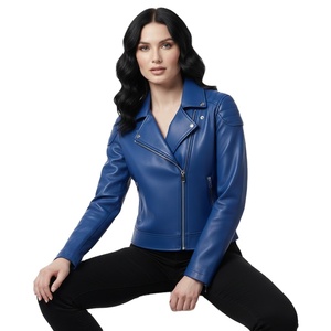 Chaqueta de Motociclista de Cuero Azul Grano para Mujer, Personalizada, al por Mayor, Precio de Fábrica, Estilo Motero, Abrigo de Moda para Mujer, Servicio OEM ODM - Product Image 1