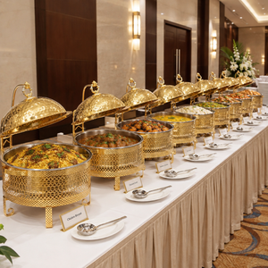 Calentador de Alimentos Colgante de Lujo Dorado con Tapa de Cúpula Martillada y Base de Rejilla de Diamantes, Diseño de Arco Curvo Superior - Product Image 5