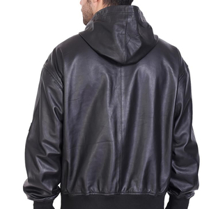 Chaqueta de cuero para hombre, estilo bomber, con capucha, de piel auténtica, informal, estilo urbano, con cremallera, a la moda, al por mayor - Product Image 5