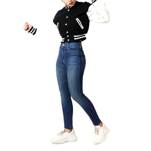 Women's Cropped Varsity <b>Jacket</b> Black <b>White</b> Stripe Button Front Casual Short Sleeve Solid Color Wool Outerwear Winter Stand - Product Image 2