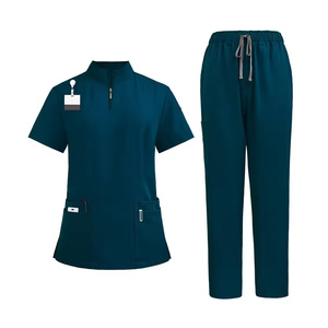 Ensemble de blouses médicales personnalisées unisexe en coton et polyester noir, uniforme d'hôpital, haut et pantalon avec poches et porte-badge - Product Image 4