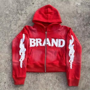 Glory Sweat à capuche zippé pour homme, style streetwear, avec logo personnalisé, en tissu épais, délavé à l'acide, effet vieilli vintage, coupe courte, broderie de strass, OEM - Product Image 4