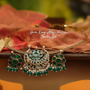 Green Kemp Attigai Women's Necklace-Fashion Jewelry Set with Gold Plated Brass and Zircon Stones - Product Image 3