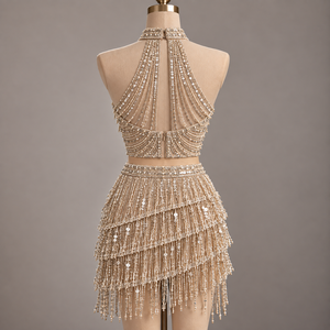 Traje de Danza del Vientre con Lentejuelas y Flecos de Cuentas, de Poliéster, para Actuaciones, con Pedrería, para Fiestas - Product Image 3