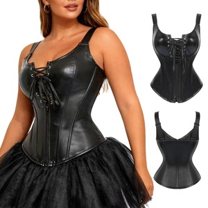 Wholesale Custom Womens <b>Black</b> Real Cow Leather <b>Corset</b> <b>Top</b> Adjustable <b>Straps</b> Front Zipper Lace Up Overbust Bustier Body Waistcoat - Product Image 3