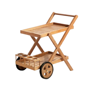 Ce chariot de service pliable en teck brun présente une conception à deux niveaux à lattes, un rangement intégré et deux grandes roues. - Product Image 3