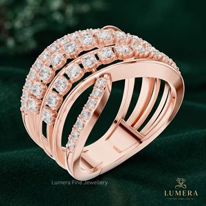 Anillo de compromiso apilable con diamantes redondos en varias filas, estilo pavé, para mujer, anillo de boda de lujo para mujer - Product Image 2
