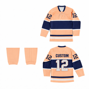 Jersey de hockey sobre hielo personalizado por el fabricante, sublimado, azul marino con rayas color melocotón, transpirable, de manga larga, atlético, de corte regular. - Product Image 1